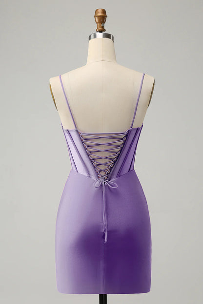 Amzcw Stylish Purple Bodycon Lace Up Back Beaded Corset Short Homecoming Dress with Slit