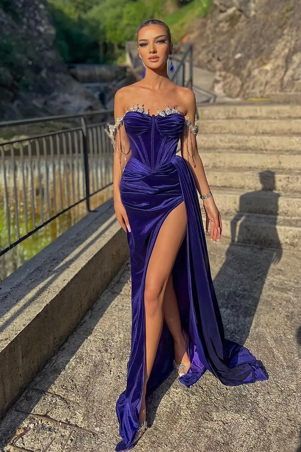 Purple Off The Shoulder Crystal Embellished Velvet High Slit Mermaid Long Formal Evening Prom Dress