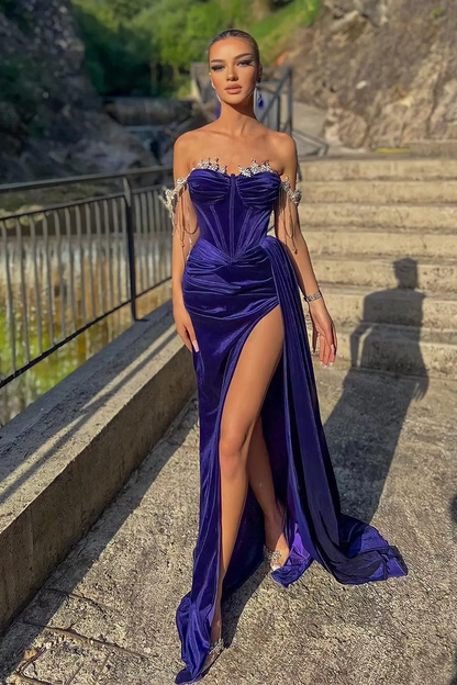 Purple Off The Shoulder Crystal Embellished Velvet High Slit Mermaid Long Formal Evening Prom Dress