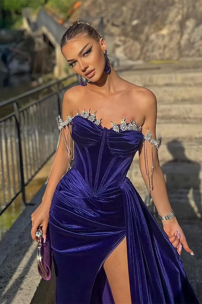 Purple Off The Shoulder Crystal Embellished Velvet High Slit Mermaid Long Formal Evening Prom Dress
