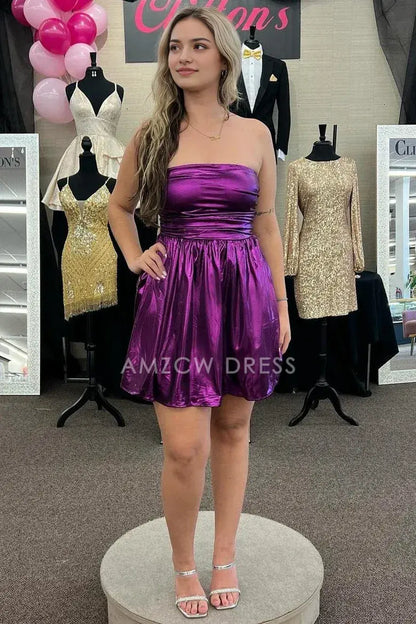 Amzcw Elegant Purple Satin A-Line Strapless Lace Up Homecoming Dress formal wear dresses