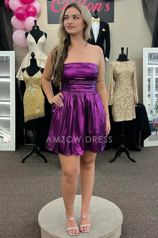 Amzcw Elegant Purple Satin A-Line Strapless Lace Up Homecoming Dress formal wear dresses