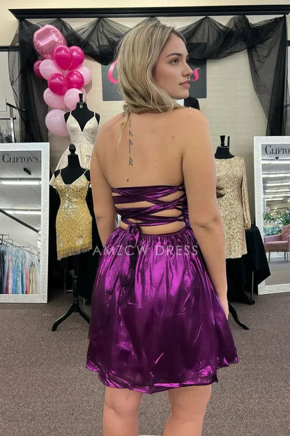 Amzcw Elegant Purple Satin A-Line Strapless Lace Up Homecoming Dress formal wear dresses