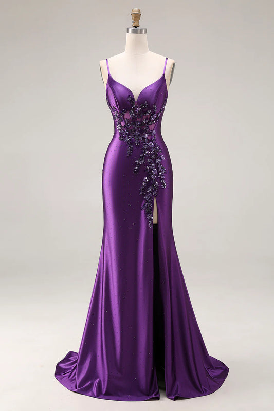 Purple Satin Spaghetti Strap Beaded Lace Corset Mermaid Prom Dress with Slit and Train