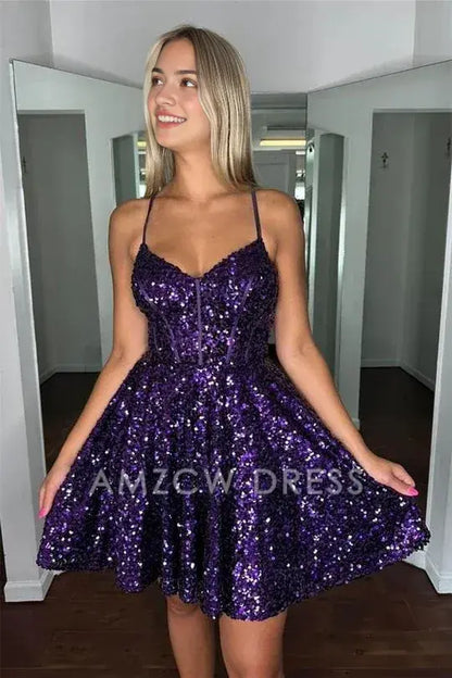 Amzcw Elegant Purple Sequin A-line Short Homecoming Dress formal wear dresses