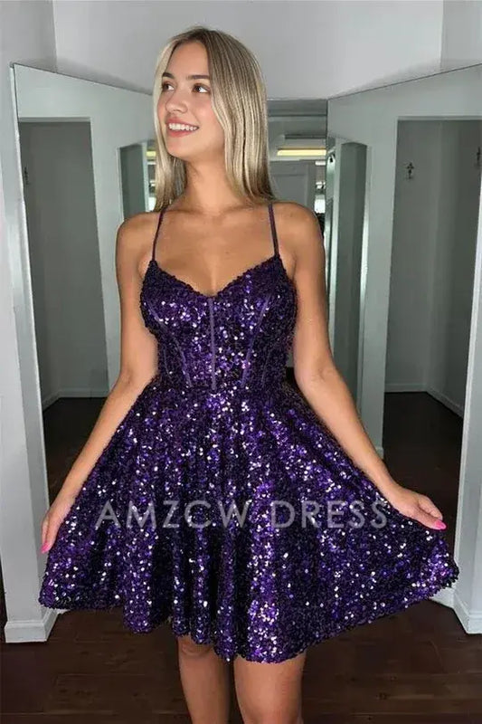 Amzcw Elegant Purple Sequin A-line Short Homecoming Dress formal wear dresses