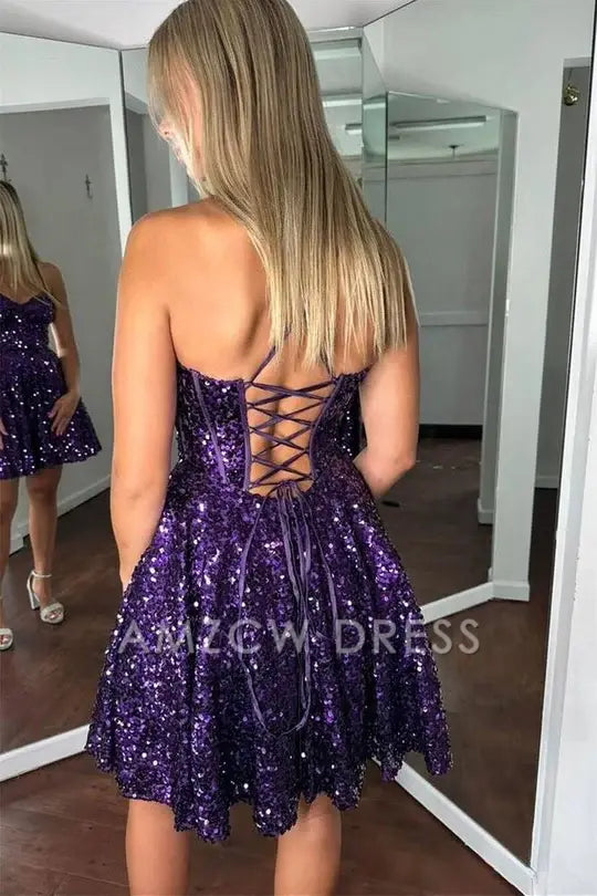 Amzcw Elegant Purple Sequin A-line Short Homecoming Dress formal wear dresses