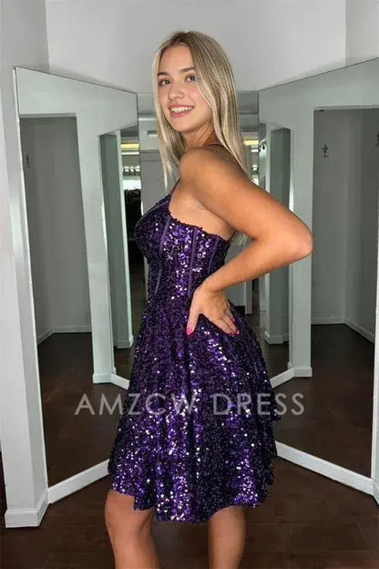 Amzcw Elegant Purple Sequin A-line Short Homecoming Dress formal wear dresses