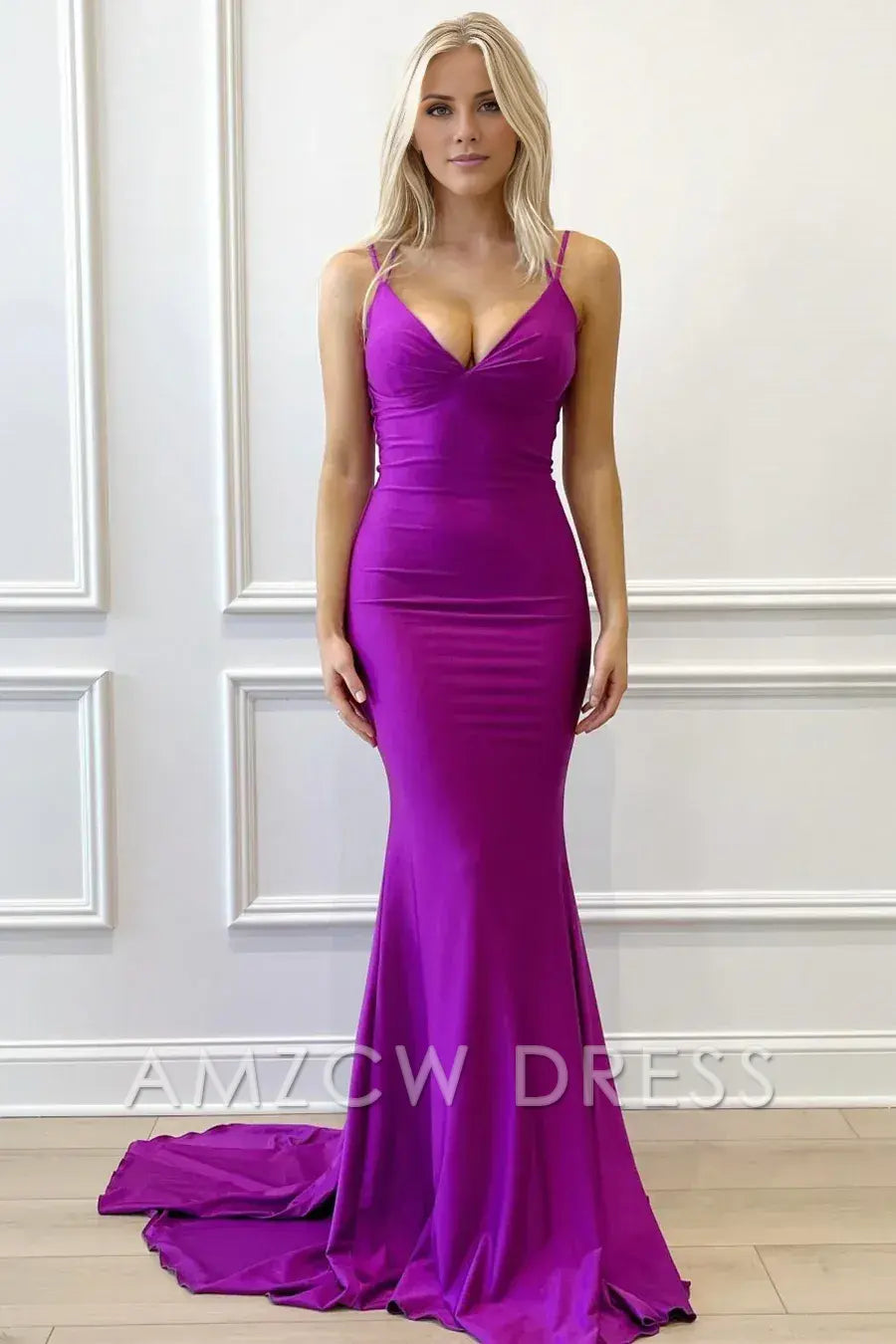 Amzcw Simple Purple V-Neck Lace-Up Mermaid Long Formal Dress