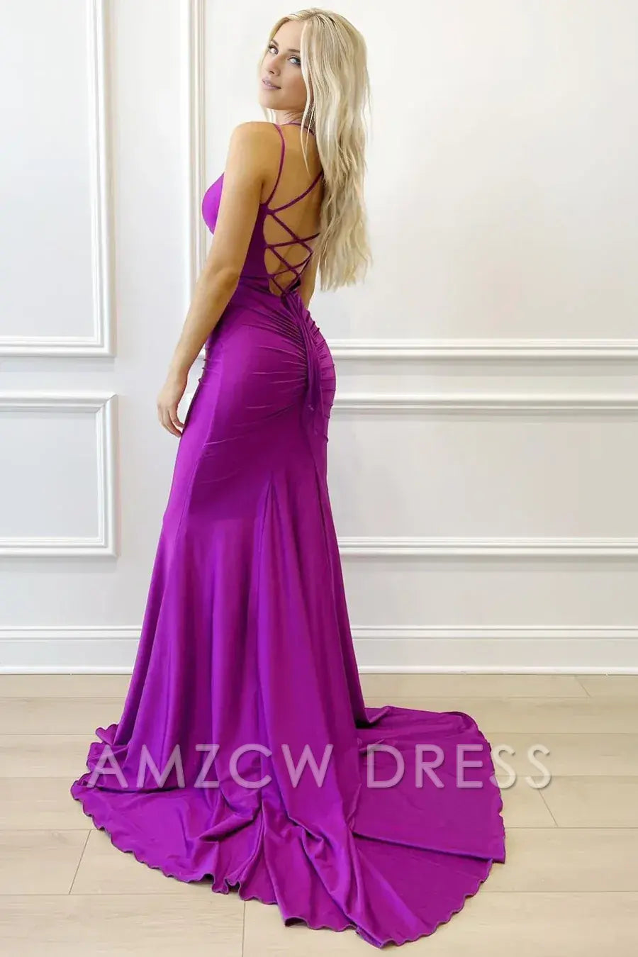 Amzcw Simple Purple V-Neck Lace-Up Mermaid Long Formal Dress