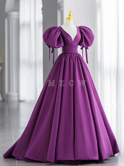 Vestidos de fiesta largos de satén con escote en V morado de Amzcw Vestidos de noche morados Vestido de fiesta en tienda 