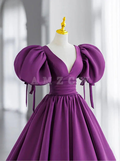 Vestidos de fiesta largos de satén con escote en V morado de Amzcw Vestidos de noche morados Vestido de fiesta en tienda 