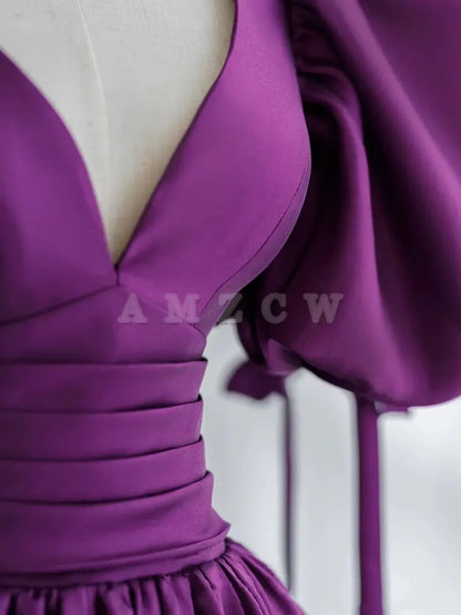 Vestidos de fiesta largos de satén con escote en V morado de Amzcw Vestidos de noche morados Vestido de fiesta en tienda 