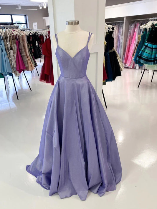 Amzcw Purple v neck satin long prom dress purple evening dress formal wear dresses