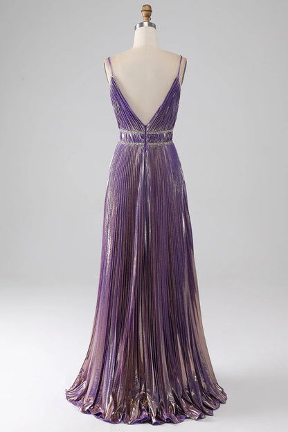 Amzcw Glitter Purple A-Line Spaghetti Straps V Neck Pleated Backless Prom Dress prom dresses shops