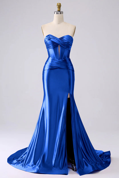 Amzcw Sparkly Mermaid Sweetheart Corset Royal Blue Long Prom Dress with Slit