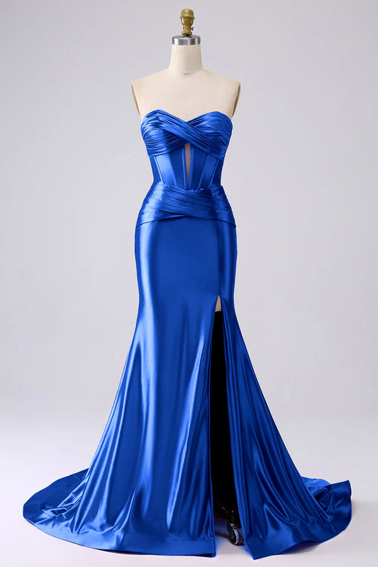 Amzcw Sparkly Mermaid Sweetheart Corset Royal Blue Long Prom Dress with Slit