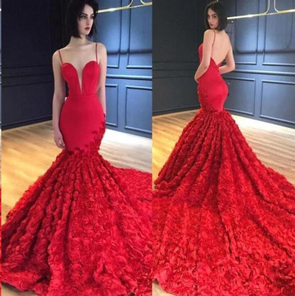 Vestidos de fiesta de sirena con tirantes finos, escote en V, corte trompeta, rosa, encaje, vestidos de noche 