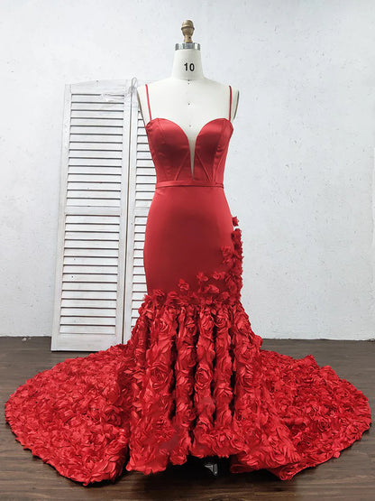 Vestidos de fiesta de sirena con tirantes finos, escote en V, corte trompeta, rosa, encaje, vestidos de noche 