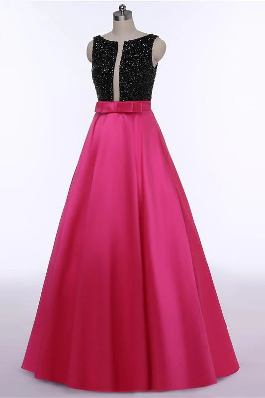Vestido de fiesta rojo sin mangas con lazo, cuentas y bolsillos en la espalda abierta, cuello redondo 