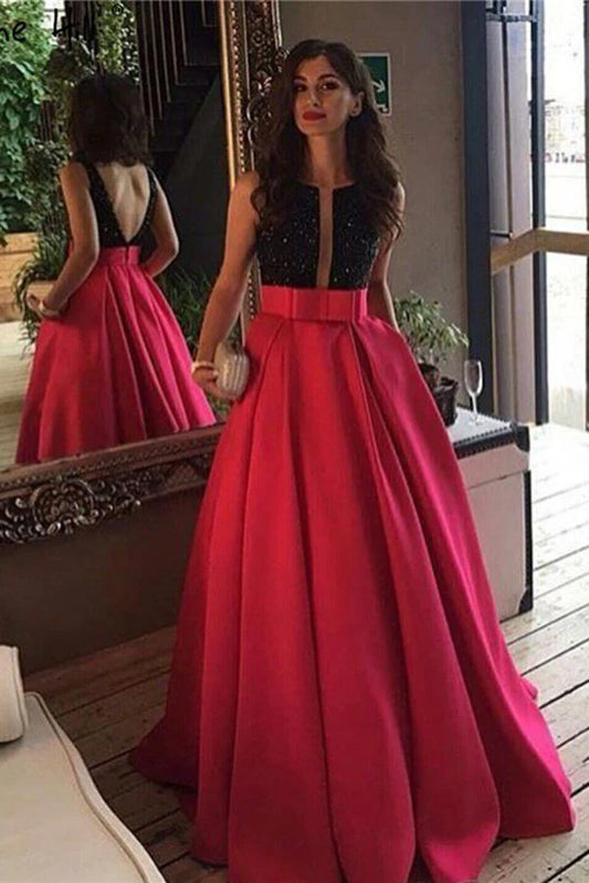 Vestido de fiesta rojo sin mangas con lazo, cuentas y bolsillos en la espalda abierta, cuello redondo 