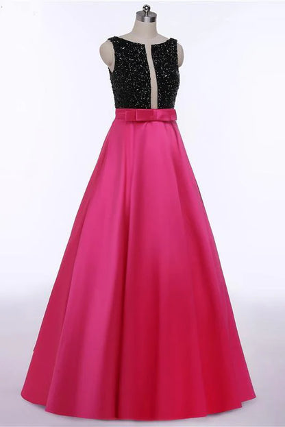 Vestido de fiesta rojo sin mangas con lazo, cuentas y bolsillos en la espalda abierta, cuello redondo 