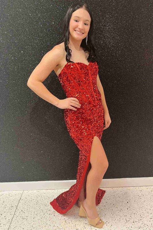 Vestidos de fiesta de sirena con escote en forma de corazón, lentejuelas y abertura hasta el suelo 