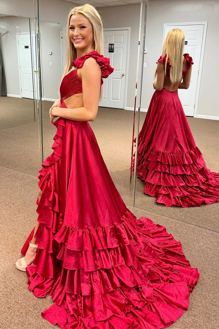 Amzcw Red Cutout Ruffle A-Line Long Prom Dress with Slit