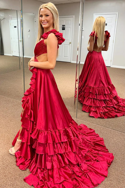 Amzcw Red Cutout Ruffle A-Line Long Prom Dress with Slit
