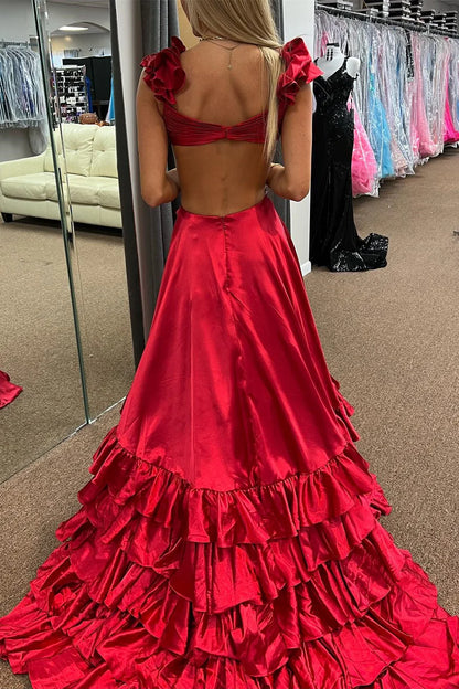 Amzcw Red Cutout Ruffle A-Line Long Prom Dress with Slit