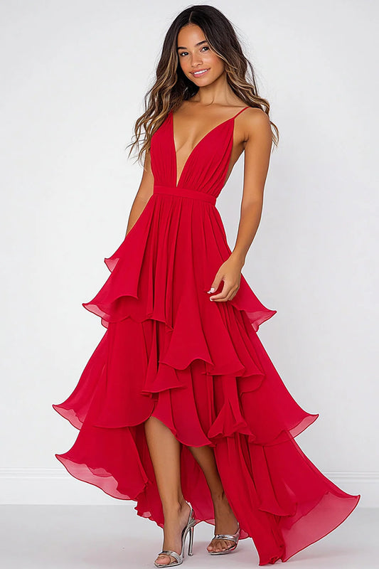 Red Deep V-Neck Spaghetti Strap Tiered Ruffle High-Low Maxi Prom Dress Formal Evening Gown