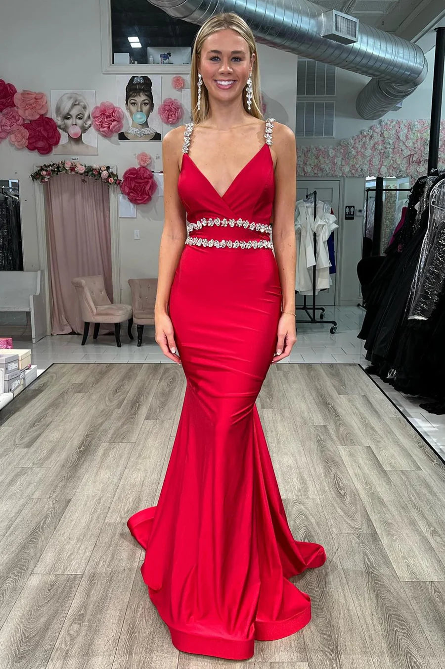 Red Deep V Neck Satin Evening Dresses with Beaded Straps Beaded Waistband Open Back Train for Prom and Gala