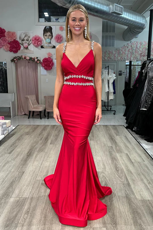 Red Deep V Neck Satin Evening Dresses with Beaded Straps Beaded Waistband Open Back Train for Prom and Gala