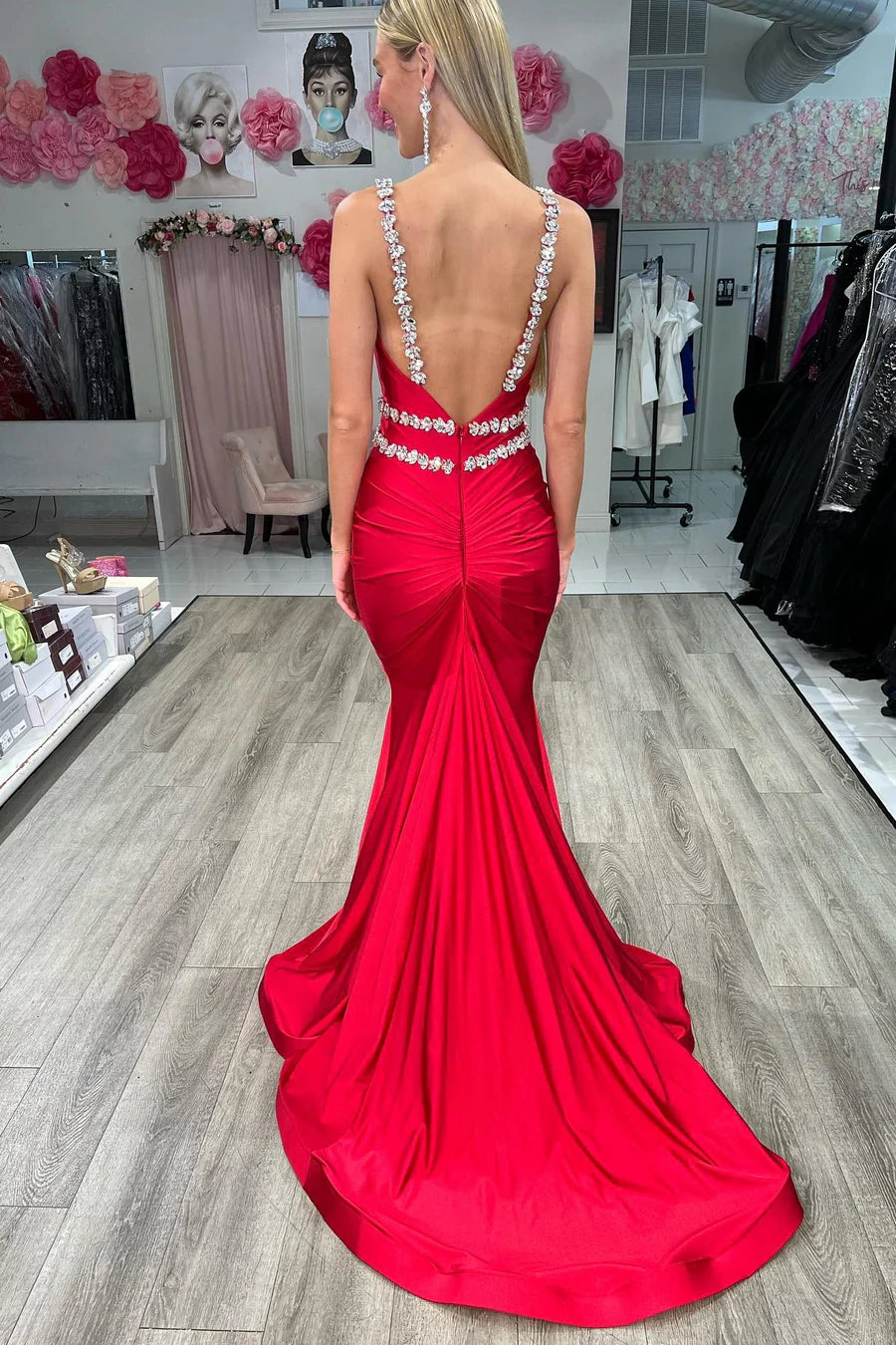 Red Deep V Neck Satin Evening Dresses with Beaded Straps Beaded Waistband Open Back Train for Prom and Gala