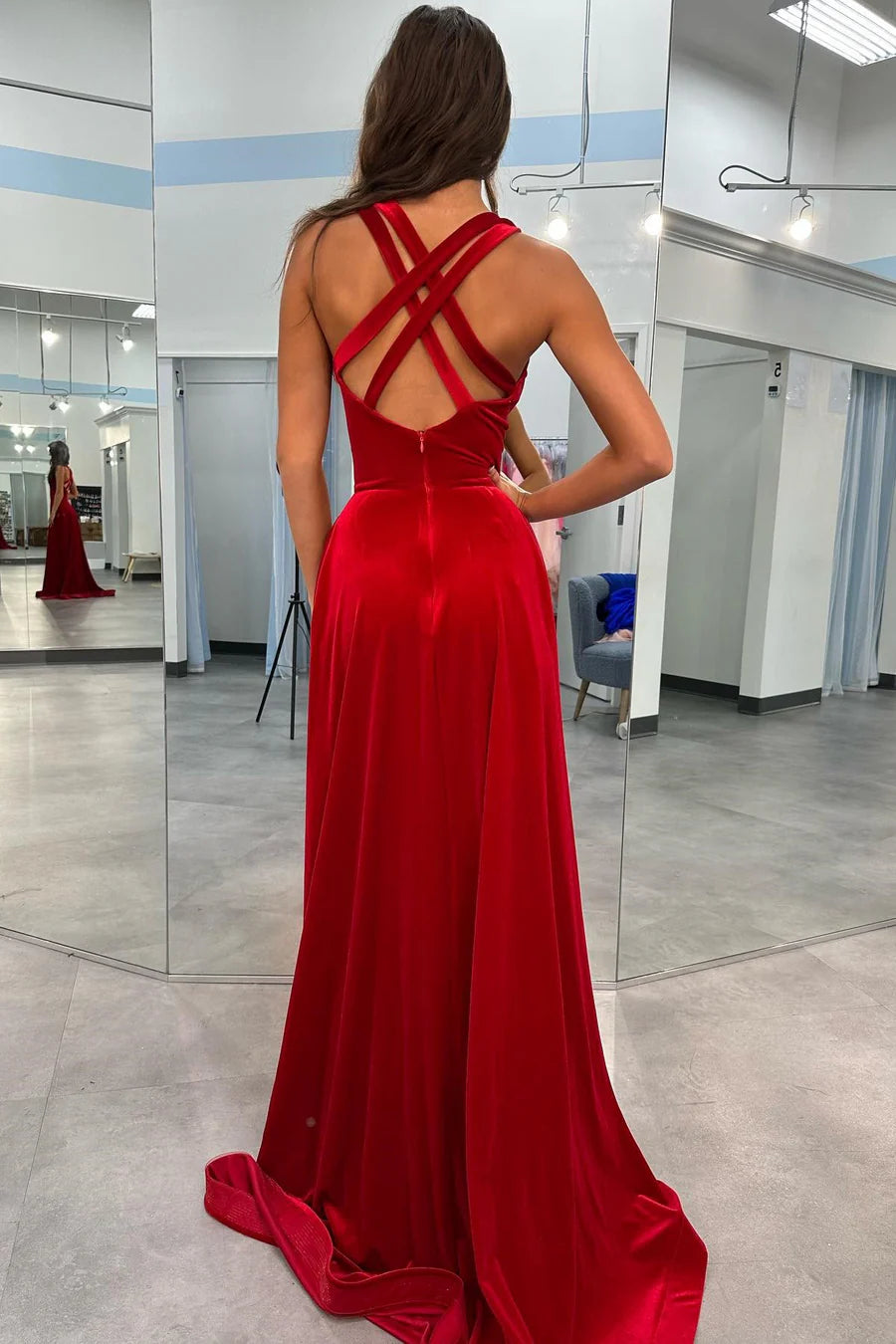 Red Deep V Neck Velvet Evening Dresses with Beaded Straps Crisscross Back Front Slit Train for Prom and Gala