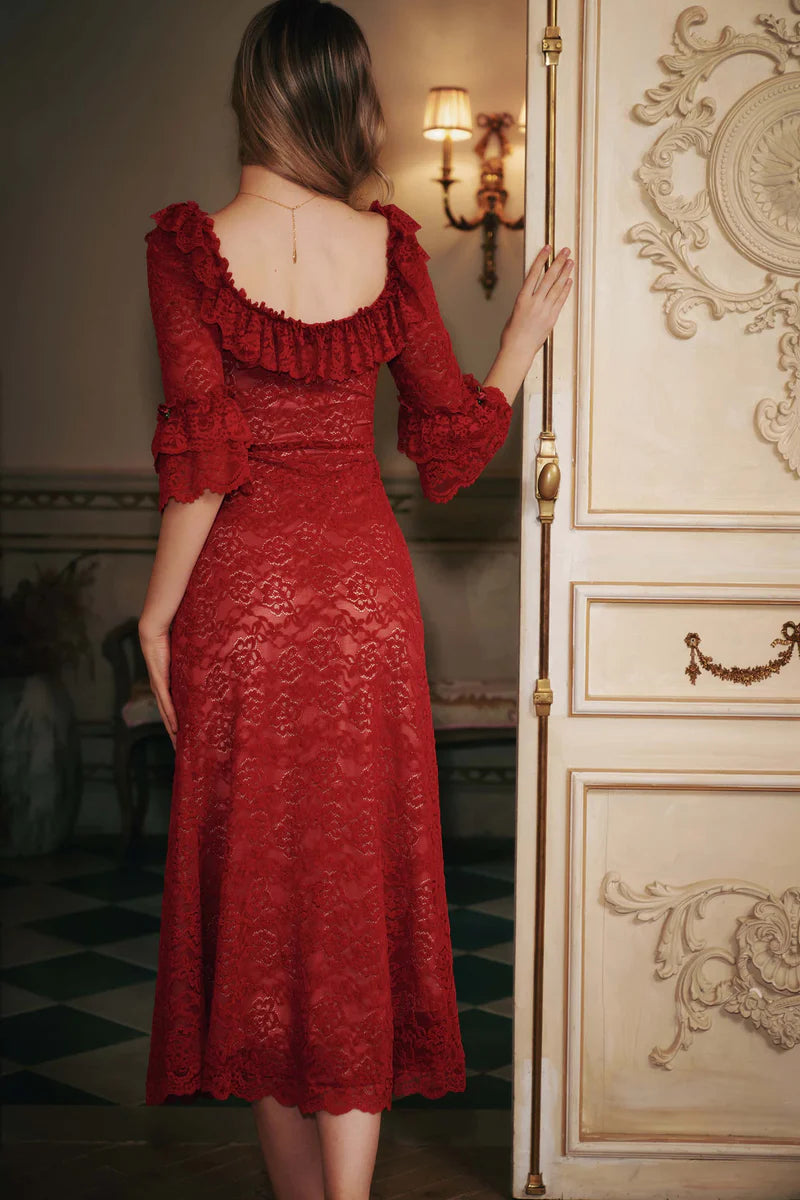 Red Floral Lace Midi Dresses with Square Neck Ruffled Trim Double Flared Sleeves and Flared Mermaid Skirt