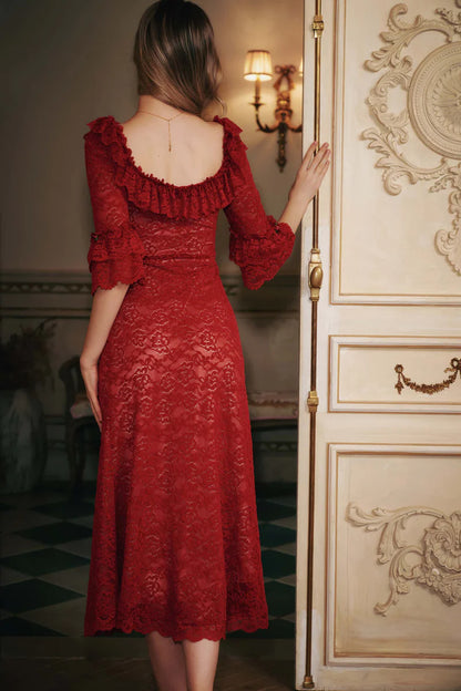 Red Floral Lace Midi Dresses with Square Neck Ruffled Trim Double Flared Sleeves and Flared Mermaid Skirt