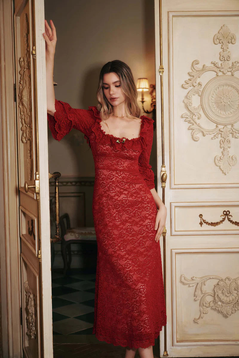 Red Floral Lace Midi Dresses with Square Neck Ruffled Trim Double Flared Sleeves and Flared Mermaid Skirt