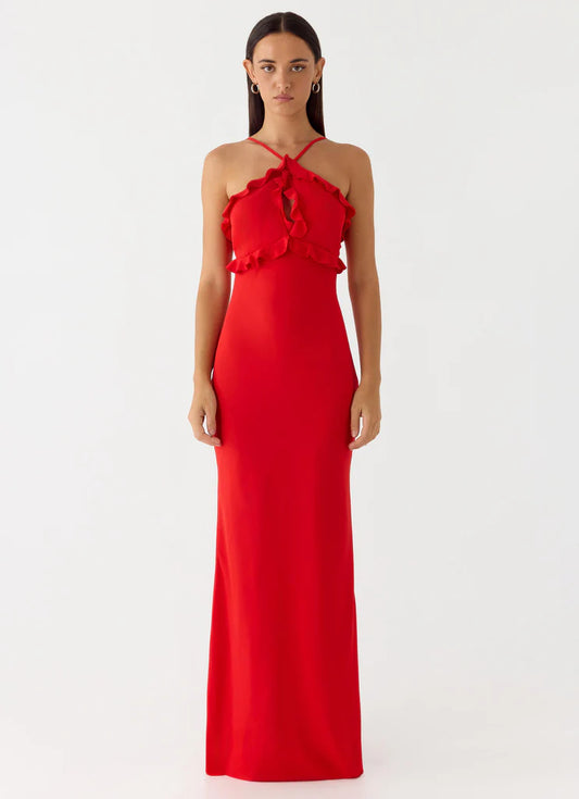 Red Halter Neck Ruffle Detail Maxi Prom Dress with Open Back and Fitted Bodice
