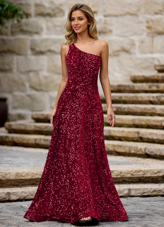 Red One Shoulder Prom Dress With Sequin Embellishments And Velvet A Line Formal Prom Dress