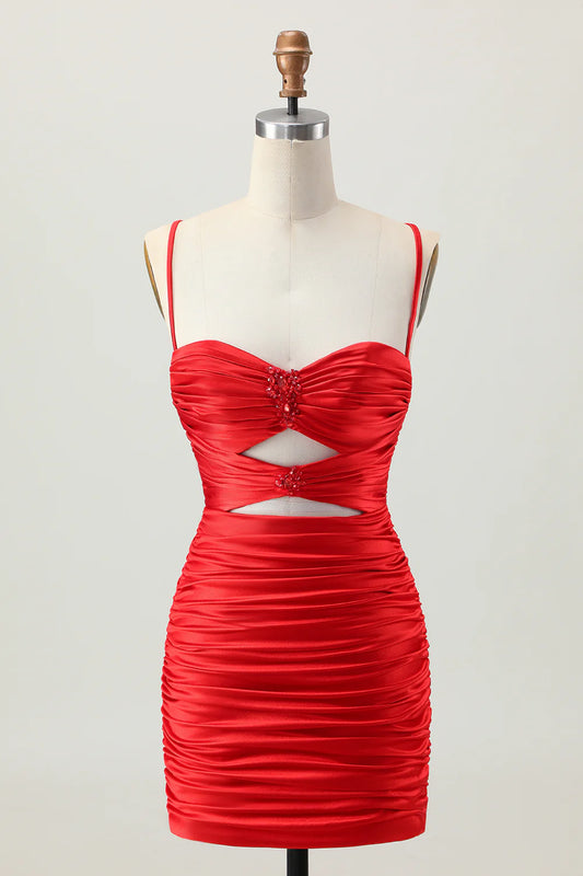 Red Satin Cutout Bodycon Homecoming Dress with Beading and Lace-Up Back