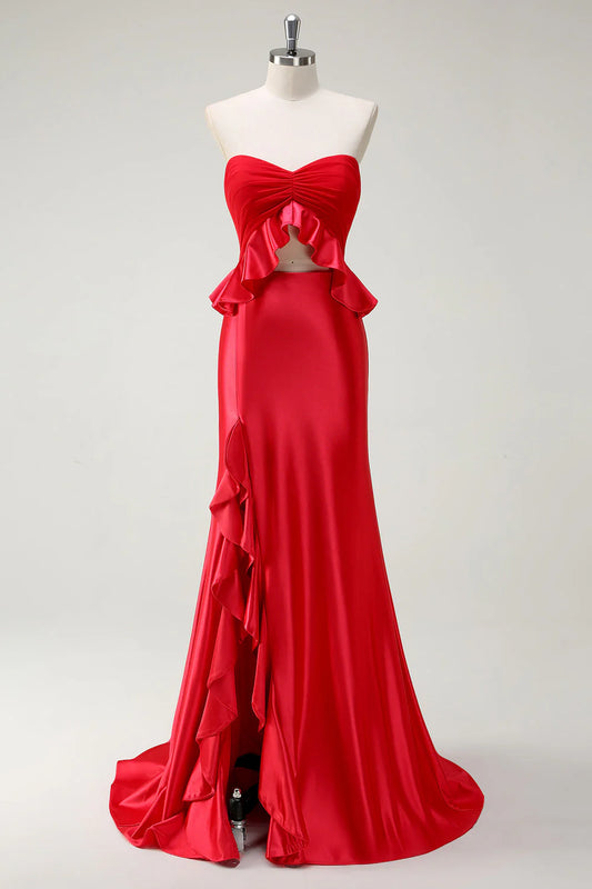 Red Satin Strapless Cutout Ruffle Peplum Mermaid Prom Dress with Train
