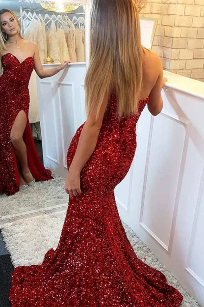 Amzcw Red Sequin Strapless Side Slit Mermaid Long Prom Dress formal wear dresses