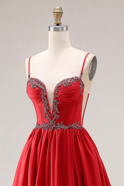 Red Spaghetti Strap Beaded Deep V-Neck A-Line Satin Prom Dress with Open Back