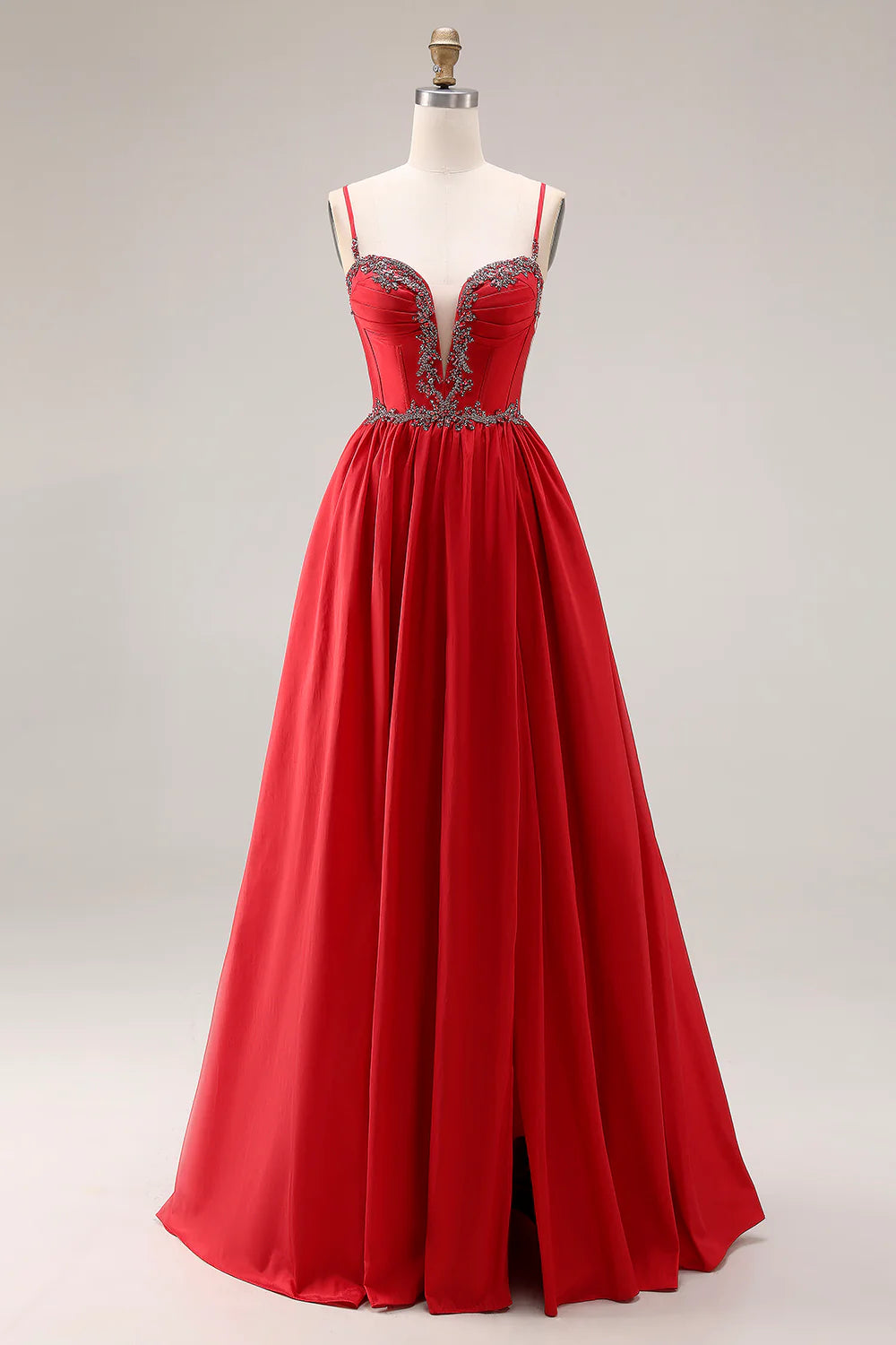 Red Spaghetti Strap Beaded Deep V-Neck A-Line Satin Prom Dress with Open Back