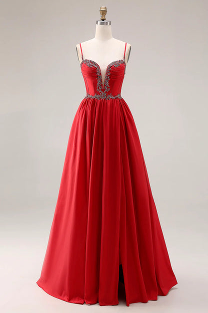 Red Spaghetti Strap Beaded Deep V-Neck A-Line Satin Prom Dress with Open Back