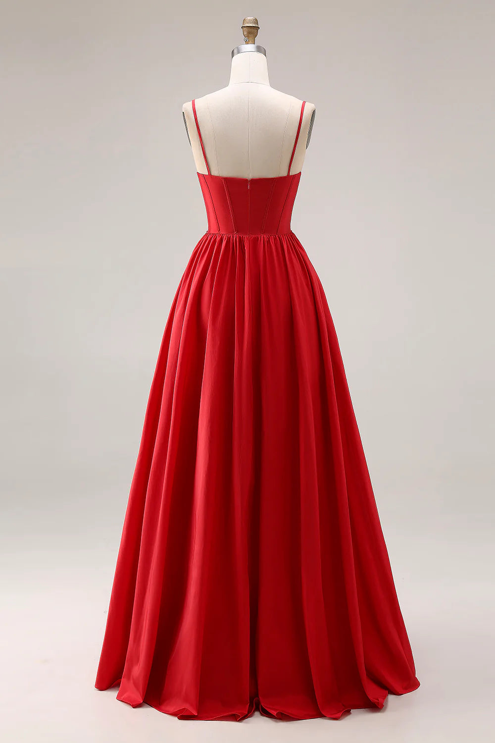 Red Spaghetti Strap Beaded Deep V-Neck A-Line Satin Prom Dress with Open Back