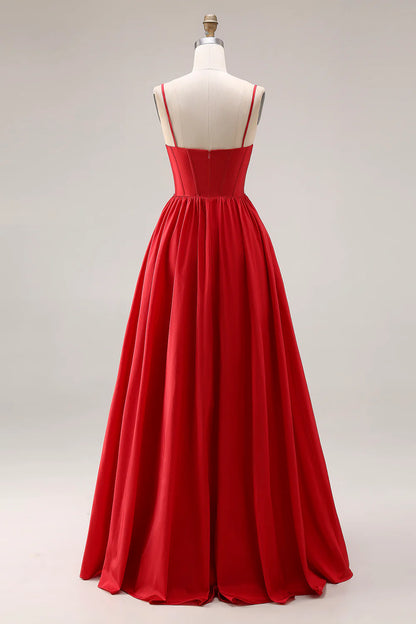 Red Spaghetti Strap Beaded Deep V-Neck A-Line Satin Prom Dress with Open Back