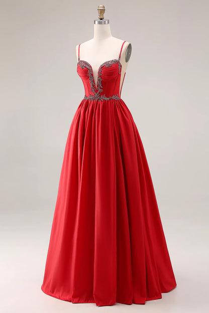 Red Spaghetti Strap Beaded Deep V-Neck A-Line Satin Prom Dress with Open Back
