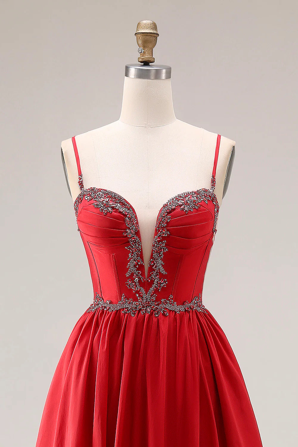 Red Spaghetti Strap Beaded Deep V-Neck A-Line Satin Prom Dress with Open Back